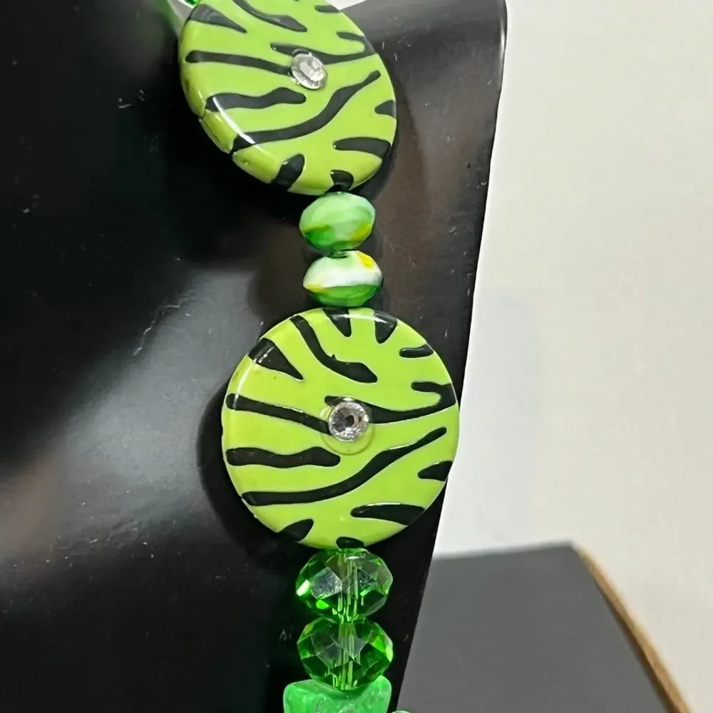 Handmade Green Zebra Beaded Necklace Rhinestone Magnetic Key Pendant OOAK 14”